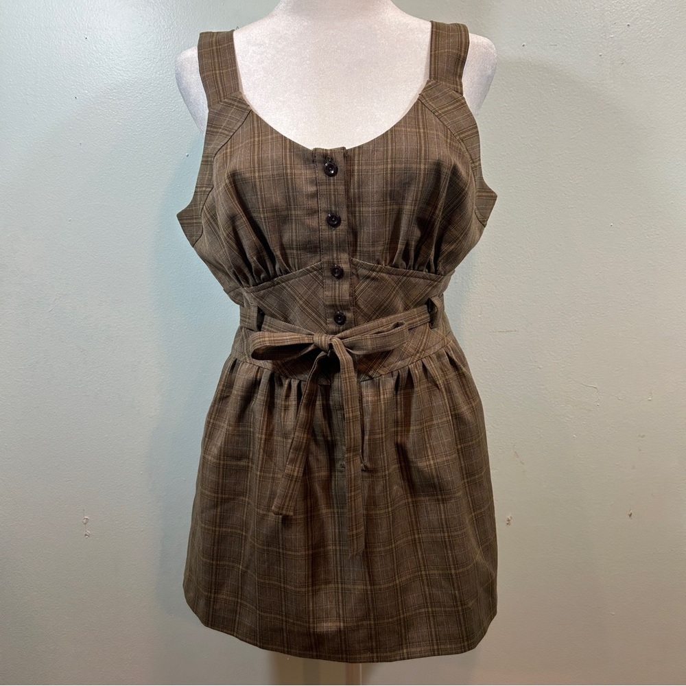 A. Byer Preppy Babydoll Button Down Y2K Plaid Top Size L Mocha Brown Sleeveless